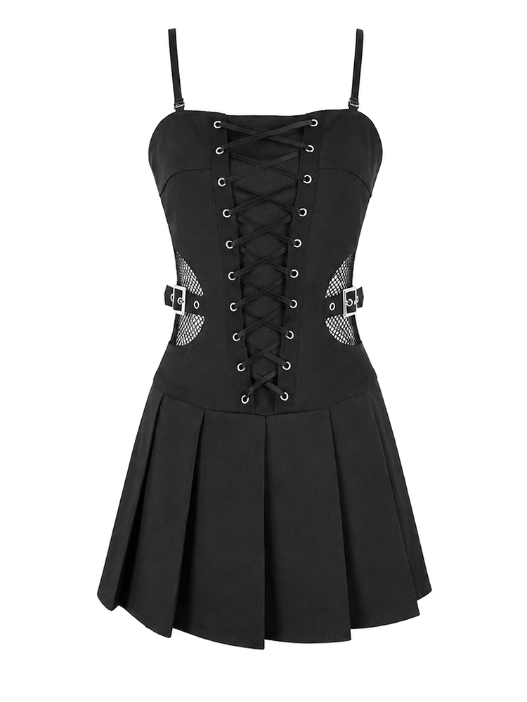 Black Punk Pleated Dress with Corset Front Lacing - image 4