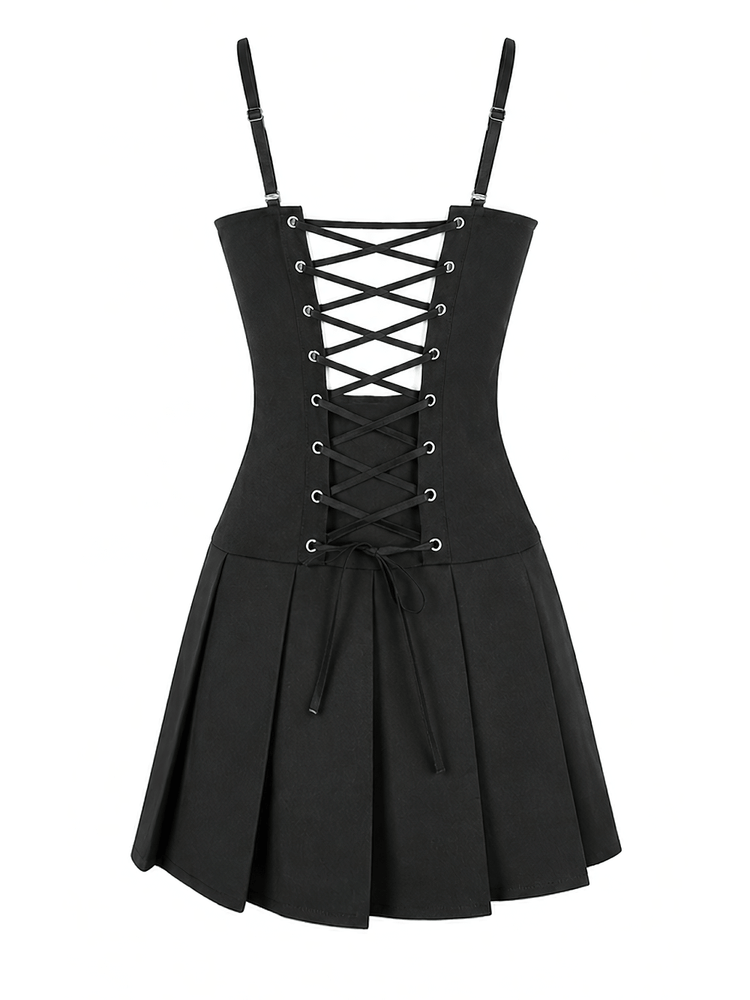 Black Punk Pleated Dress with Corset Front Lacing - image 5