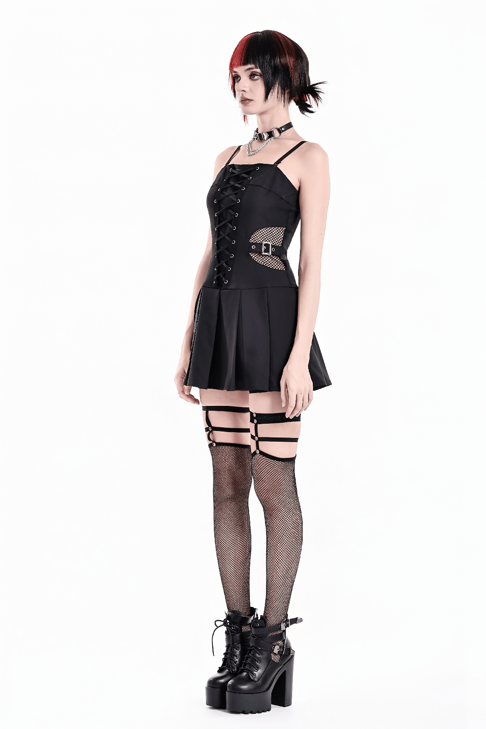 Black Punk Pleated Dress with Corset Front Lacing - image 12