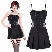 Black Punk Pleated Dress with Corset Front Lacing - image 3