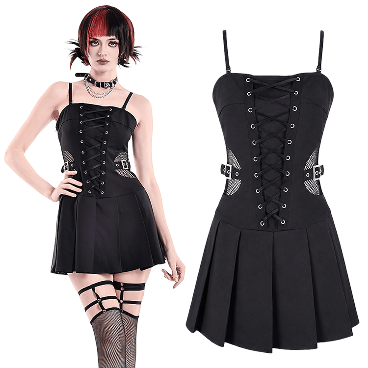 Black Punk Pleated Dress with Corset Front Lacing - image 3