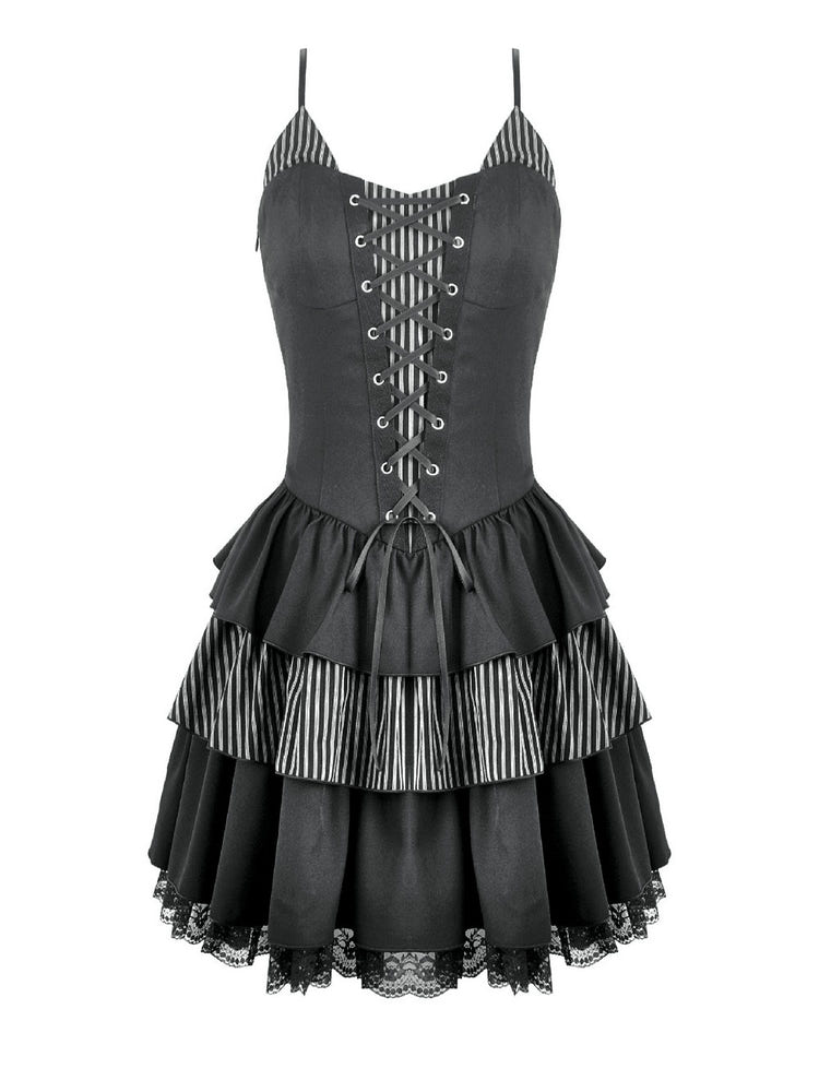 Black Punk Striped Mini Dress with Lace-Up Bodice featuring tiered ruffles and lace trim for a bold gothic look.