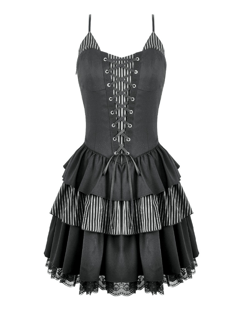 Black Punk Striped Mini Dress with Lace-Up Bodice featuring tiered ruffles and lace trim for a bold gothic look.