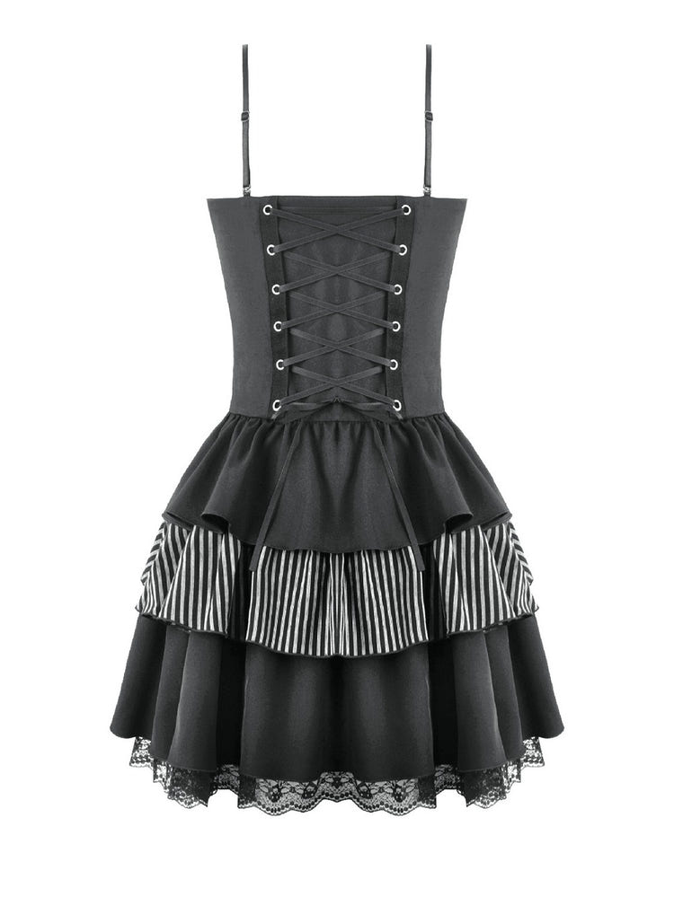 Black Punk Striped Mini Dress with Lace-Up Bodice featuring ruffled layers and lace trim