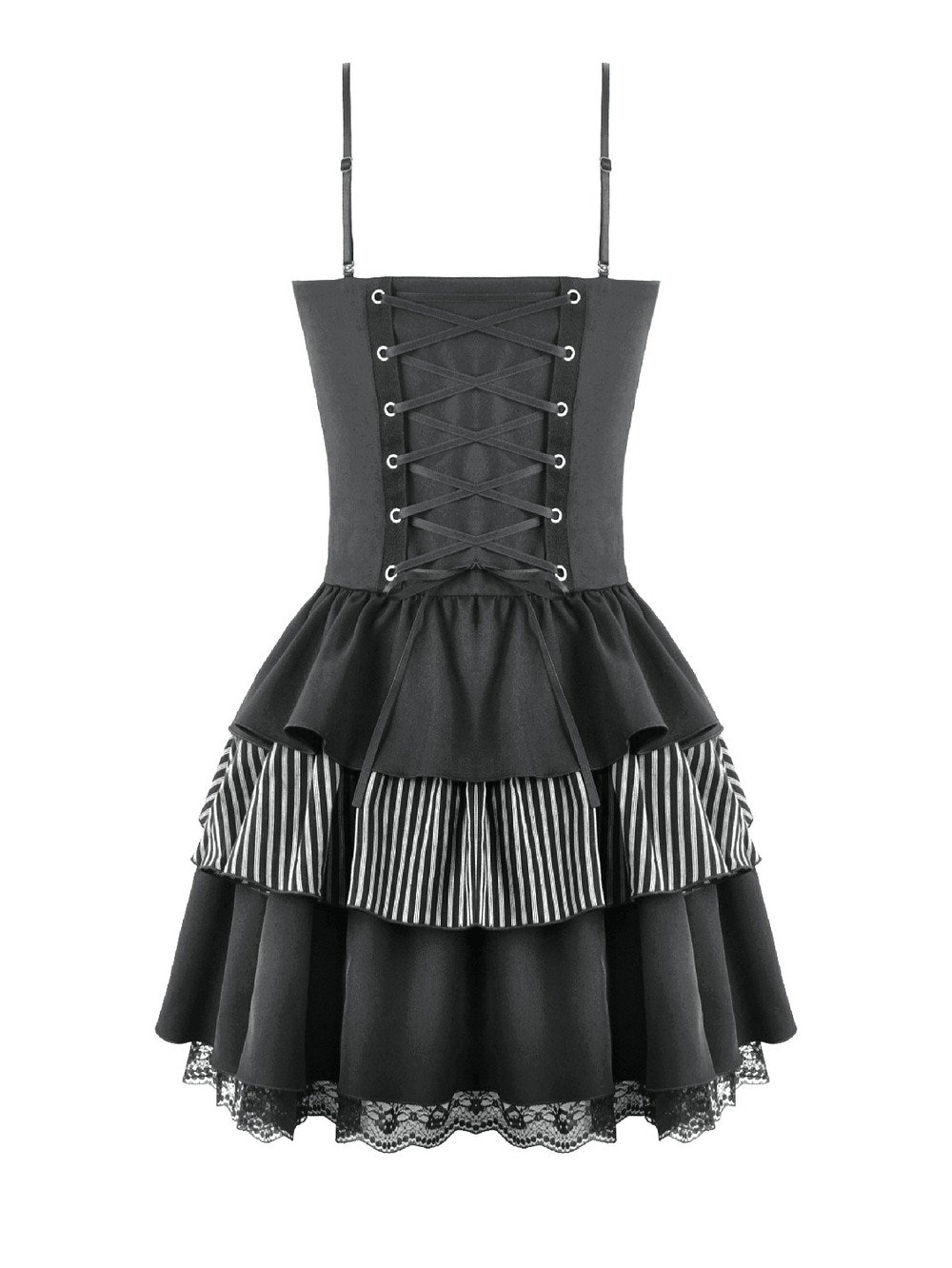 Black Punk Striped Mini Dress with Lace-Up Bodice featuring ruffled layers and lace trim