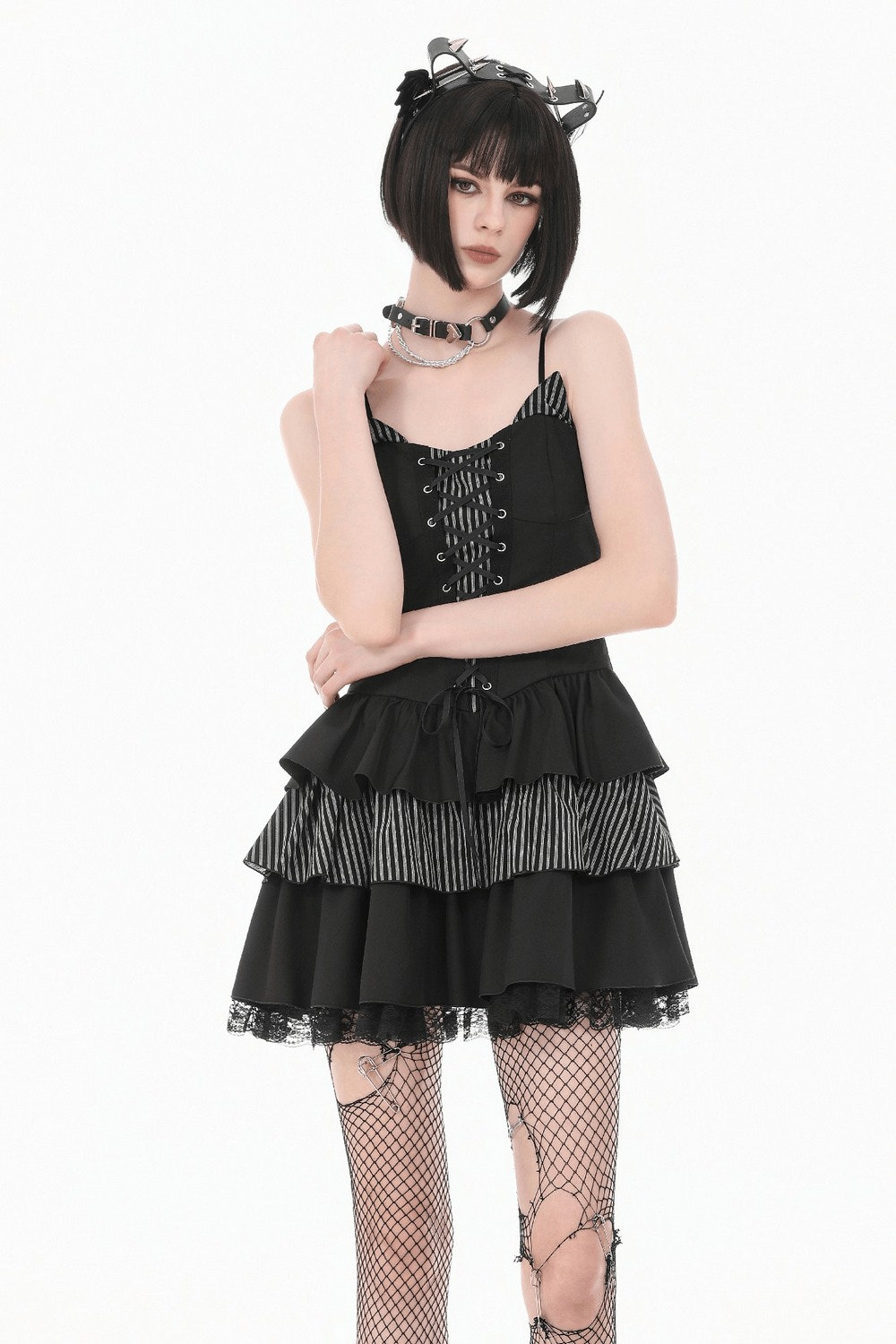 Black Punk Striped Mini Dress with Lace-Up Bodice featuring a ruffled skirt and lace trim, perfect for gothic style.