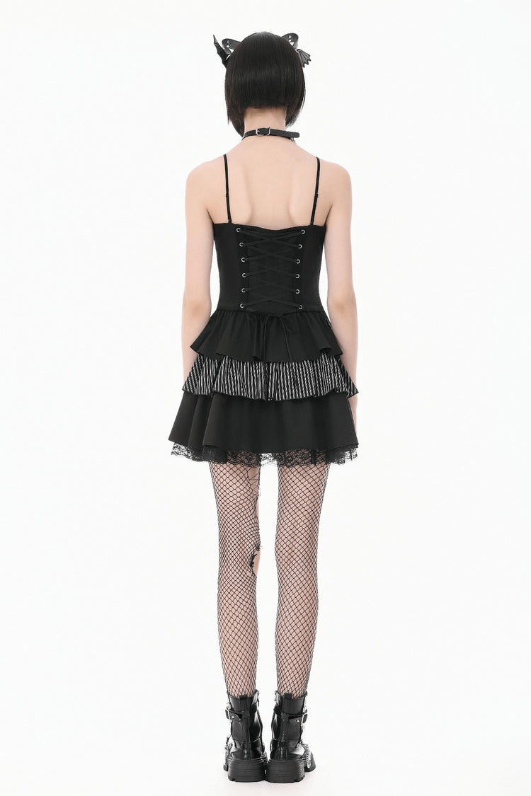 Back view of a Black Punk Striped Mini Dress with Lace-Up Bodice, showcasing lace-up design and tiered ruffles.