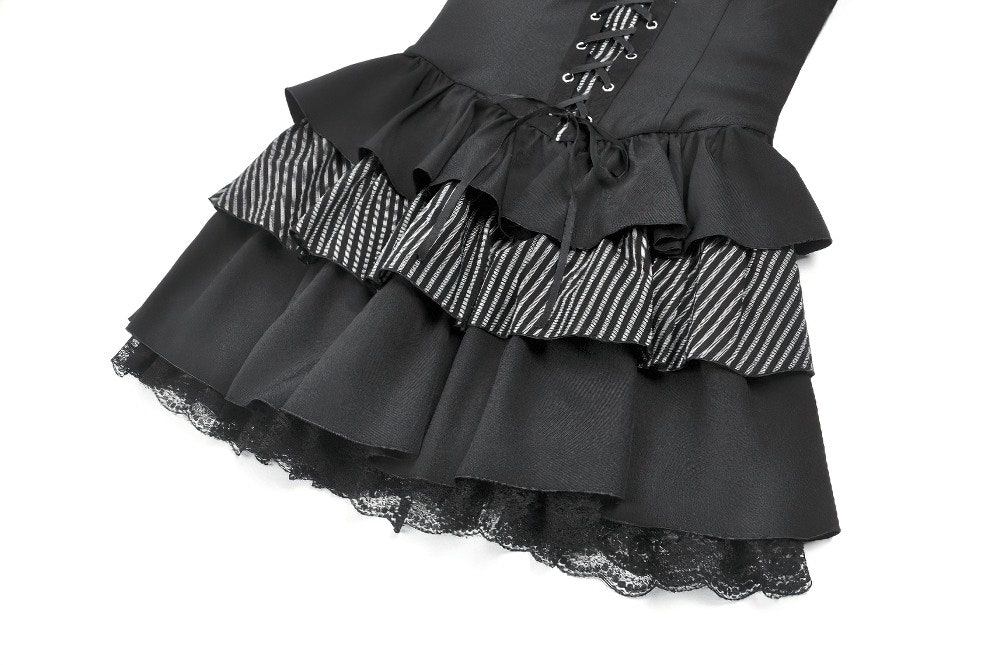 Black Punk Striped Mini Dress with Lace-Up Bodice featuring layered ruffles and lace trim.