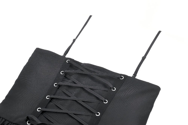 Black Punk Striped Mini Dress with Lace-Up Bodice showing the detailed lace-up corset and shoulder straps.