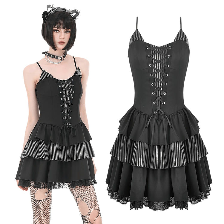 Black Punk Striped Mini Dress with Lace-Up Bodice showcasing a layered ruffle skirt and lace-up corset design.