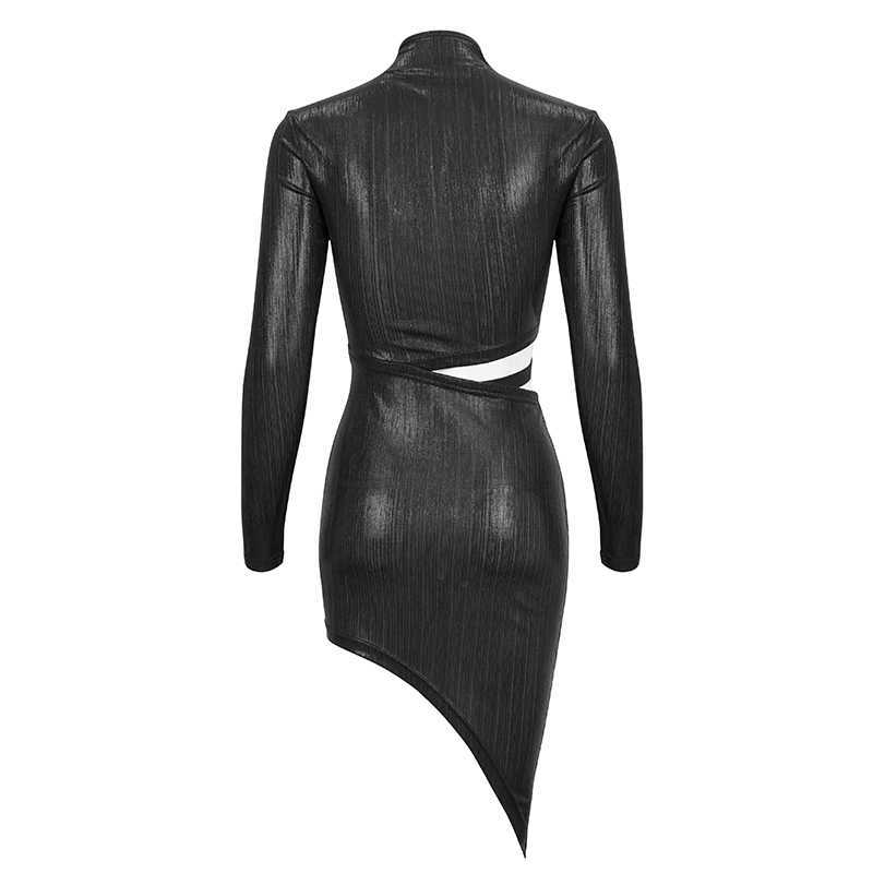 Black Sexy Long Sleeves Irregular Dress for Women / Gothic Style Cutout Short Slim Dress - image 6