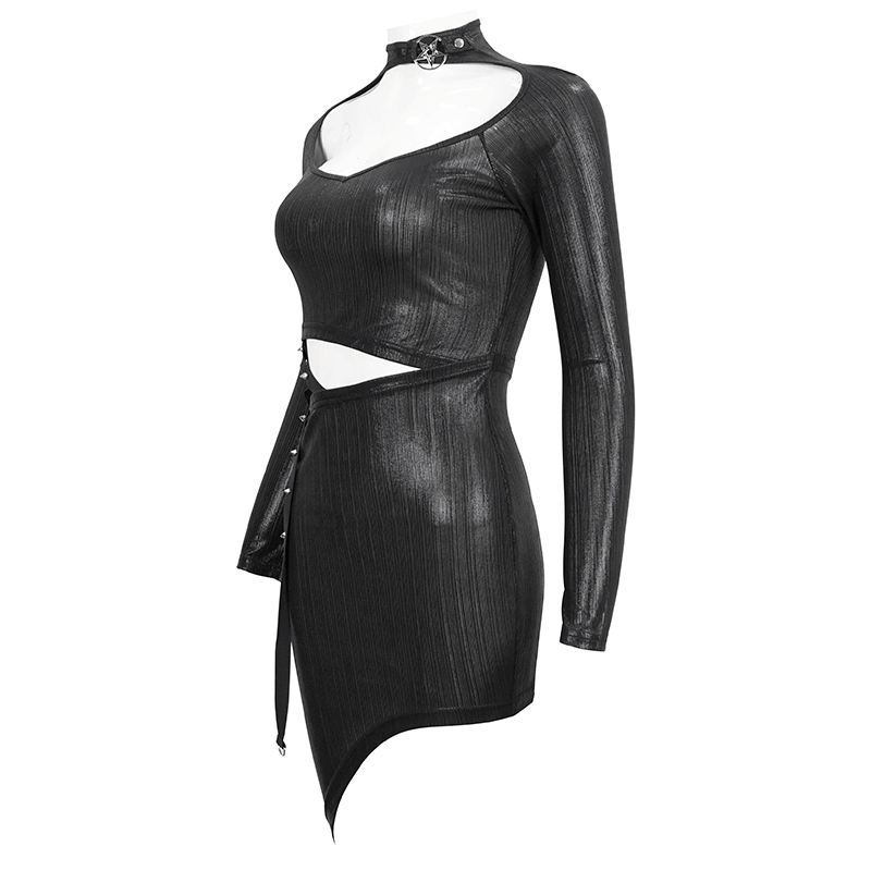 Black Sexy Long Sleeves Irregular Dress for Women / Gothic Style Cutout Short Slim Dress - image 5
