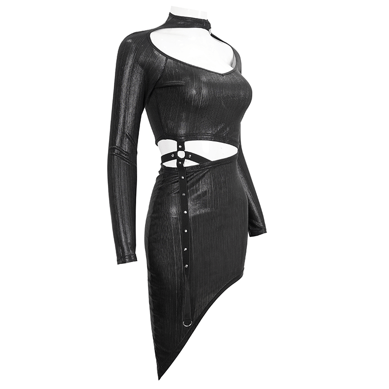 Black Sexy Long Sleeves Irregular Dress for Women / Gothic Style Cutout Short Slim Dress - image 4