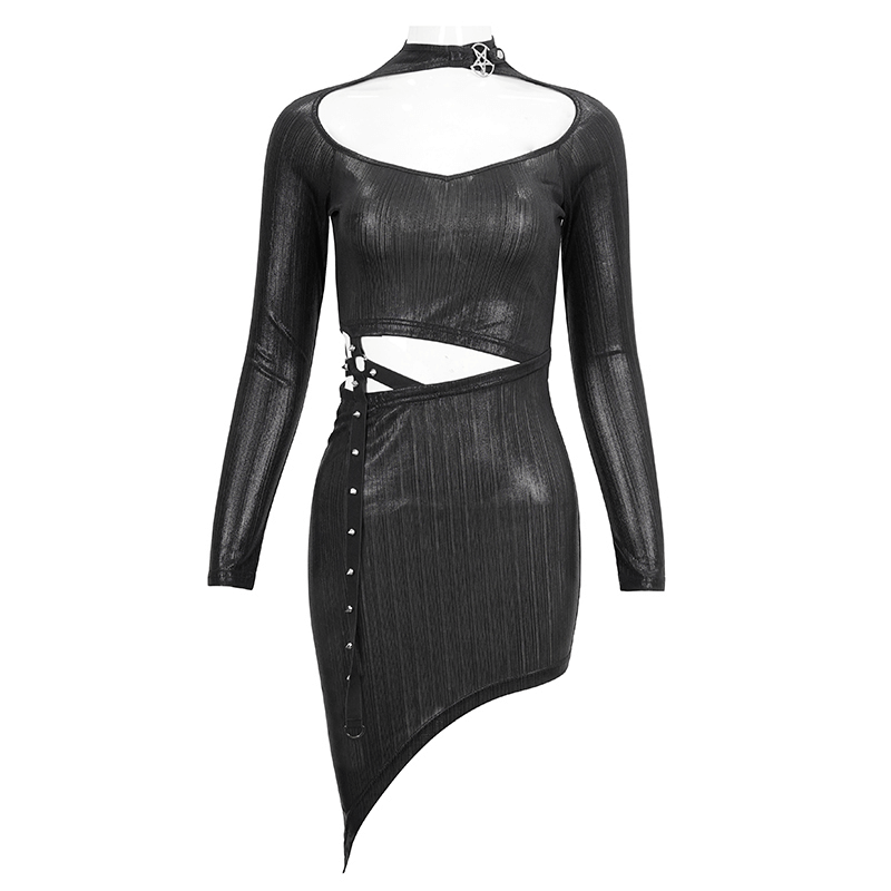 Black Sexy Long Sleeves Irregular Dress for Women / Gothic Style Cutout Short Slim Dress - image 3