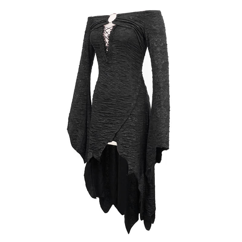 Black Sexy Off The Shoulder Irregular High Low Dress / Gothic Long and Flared Sleeves Dress - image 4