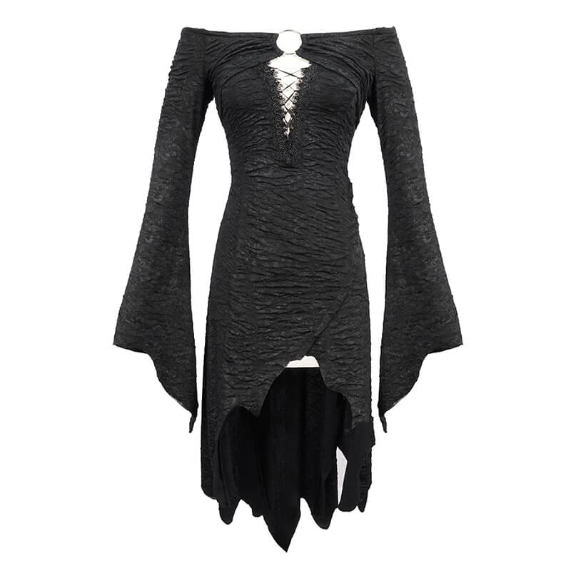 Black Sexy Off The Shoulder Irregular High Low Dress / Gothic Long and Flared Sleeves Dress - image 3
