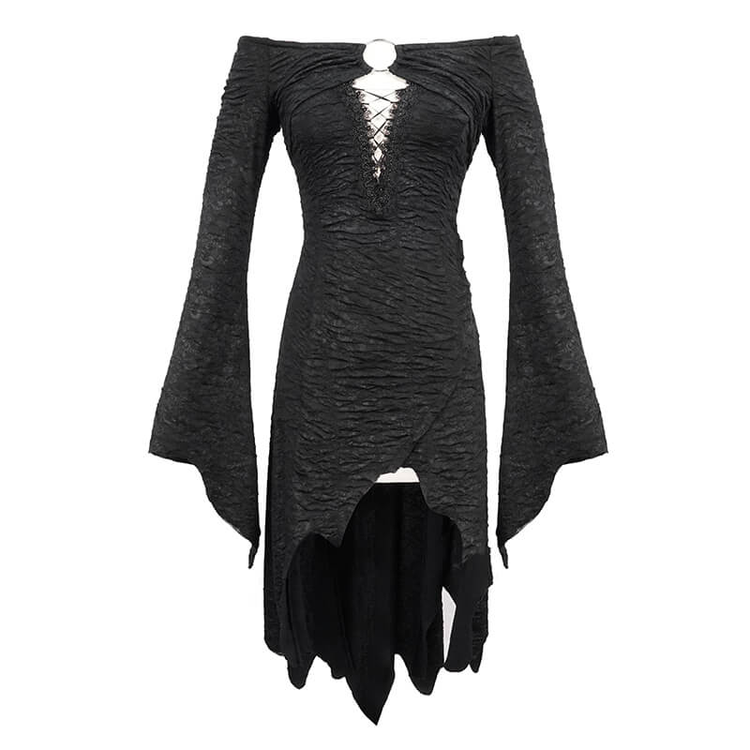 Black Sexy Off The Shoulder Irregular High Low Dress / Gothic Long and Flared Sleeves Dress - image 3