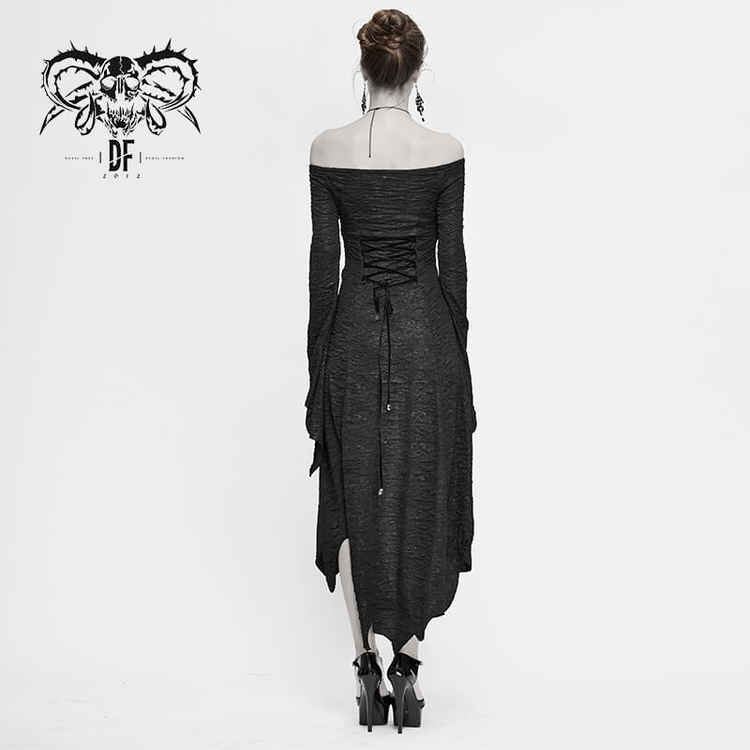 Black Sexy Off The Shoulder Irregular High Low Dress / Gothic Long and Flared Sleeves Dress - image 20
