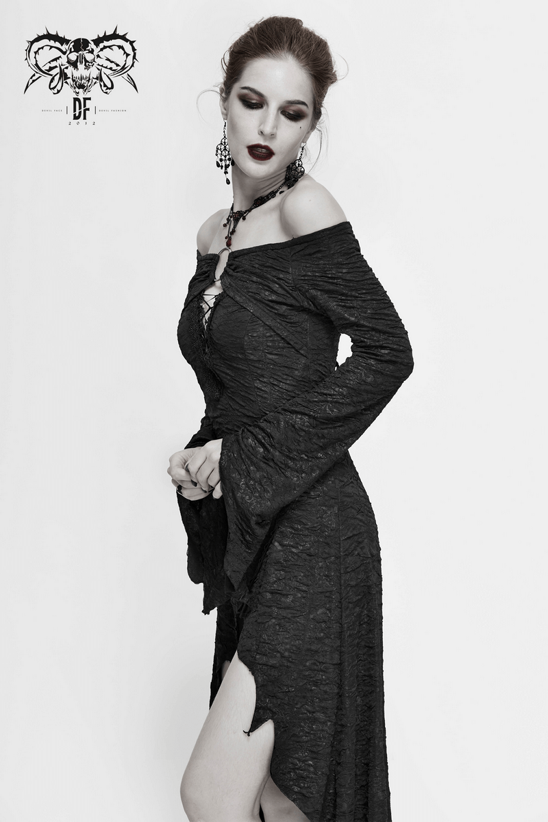 Black Sexy Off The Shoulder Irregular High Low Dress / Gothic Long and Flared Sleeves Dress - image 12
