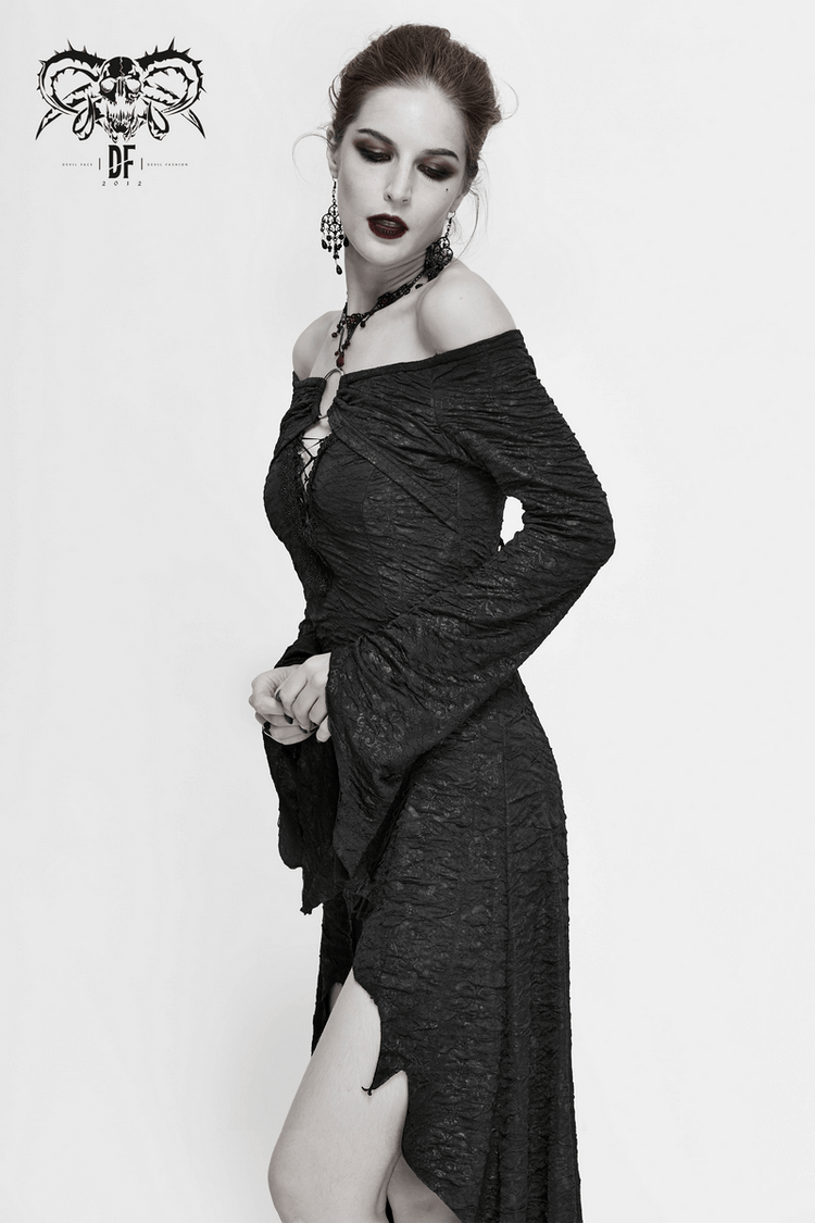 Black Sexy Off The Shoulder Irregular High Low Dress / Gothic Long and Flared Sleeves Dress - image 12