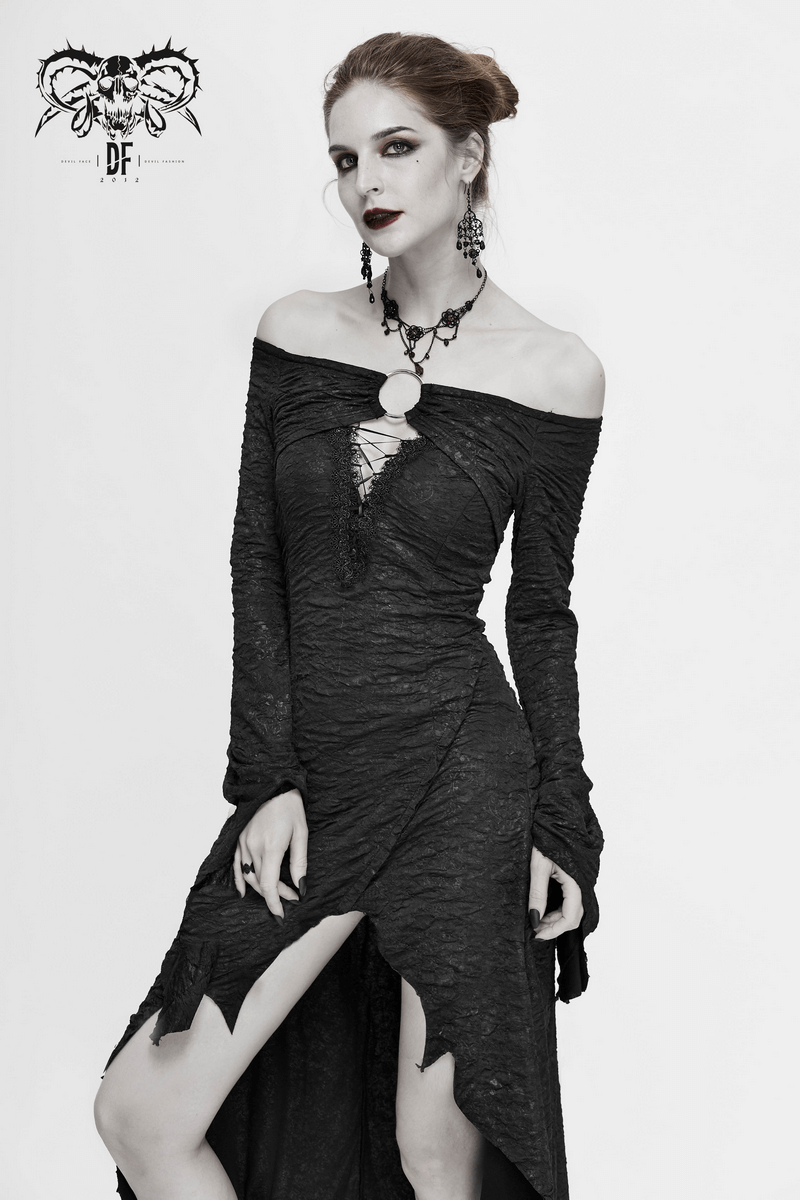 Black Sexy Off The Shoulder Irregular High Low Dress / Gothic Long and Flared Sleeves Dress - image 13