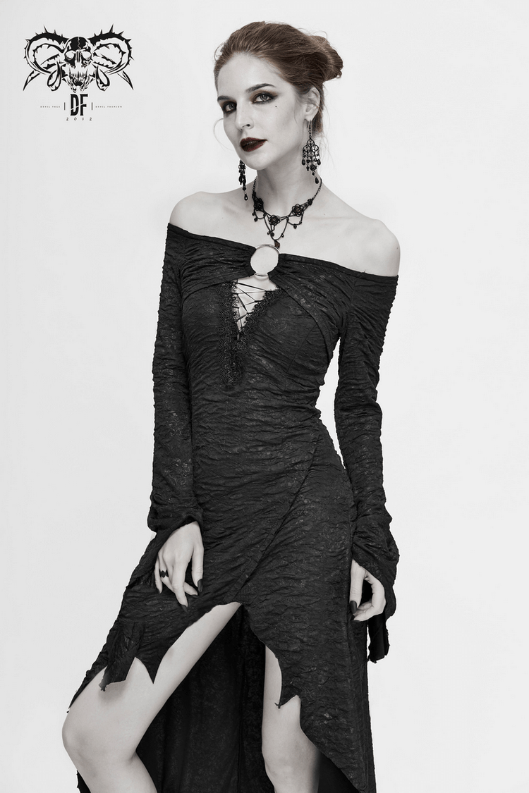 Black Sexy Off The Shoulder Irregular High Low Dress / Gothic Long and Flared Sleeves Dress - image 13