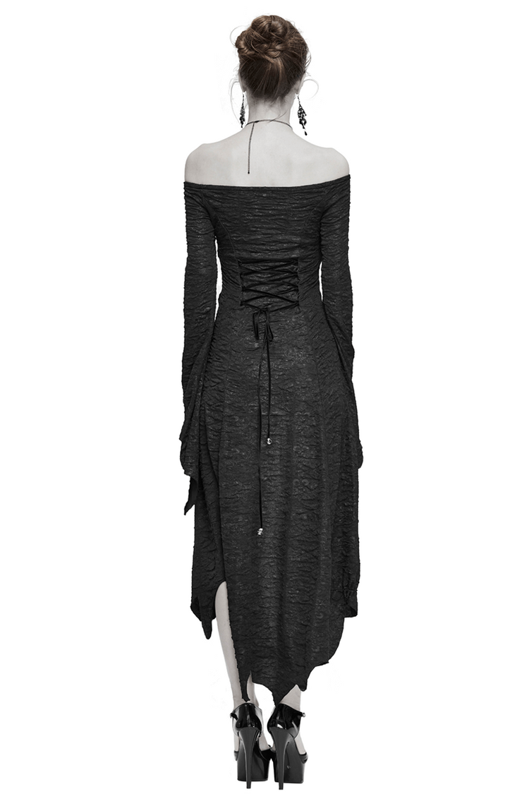 Black Sexy Off The Shoulder Irregular High Low Dress / Gothic Long and Flared Sleeves Dress - image 2