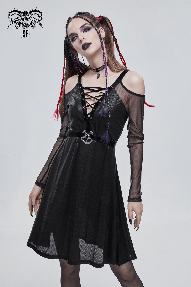 Black Sexy Off-The-Shoulder Long Sleeve Dress with Pentagram / Gothic Style Women's Clothing - image 10