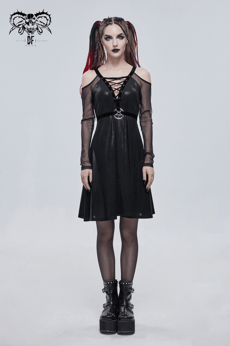 Black Sexy Off-The-Shoulder Long Sleeve Dress with Pentagram / Gothic Style Women's Clothing - image 12