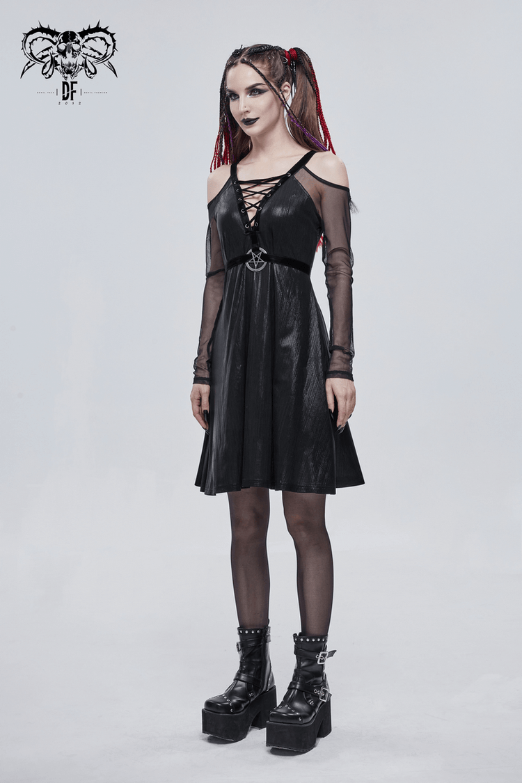 Black Sexy Off-The-Shoulder Long Sleeve Dress with Pentagram / Gothic Style Women's Clothing - image 13
