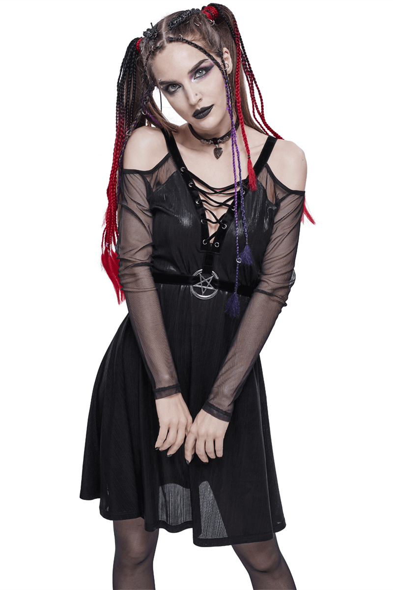 Black Sexy Off-The-Shoulder Long Sleeve Dress with Pentagram / Gothic Style Women's Clothing - image 1