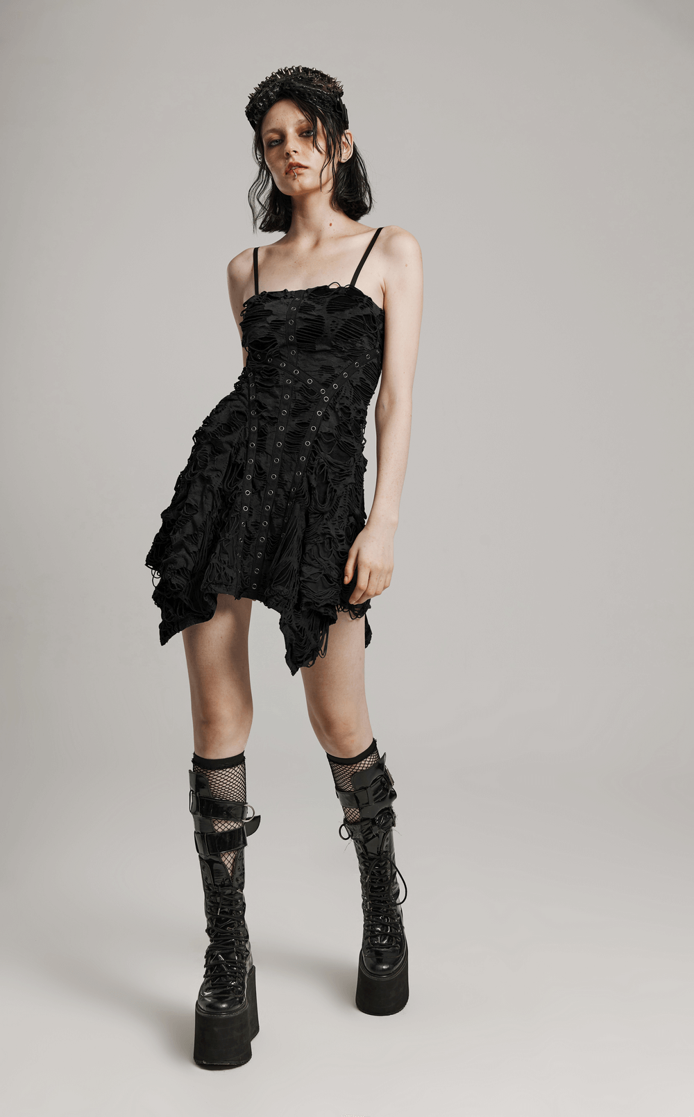Black Shredded Punk Mini Dress with Tattered Texture - image 12