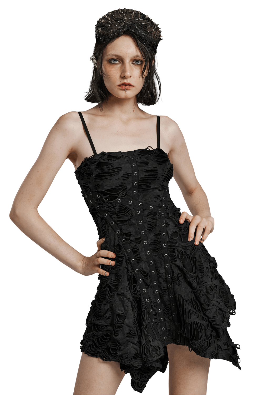 Black Shredded Punk Mini Dress with Tattered Texture - image 1