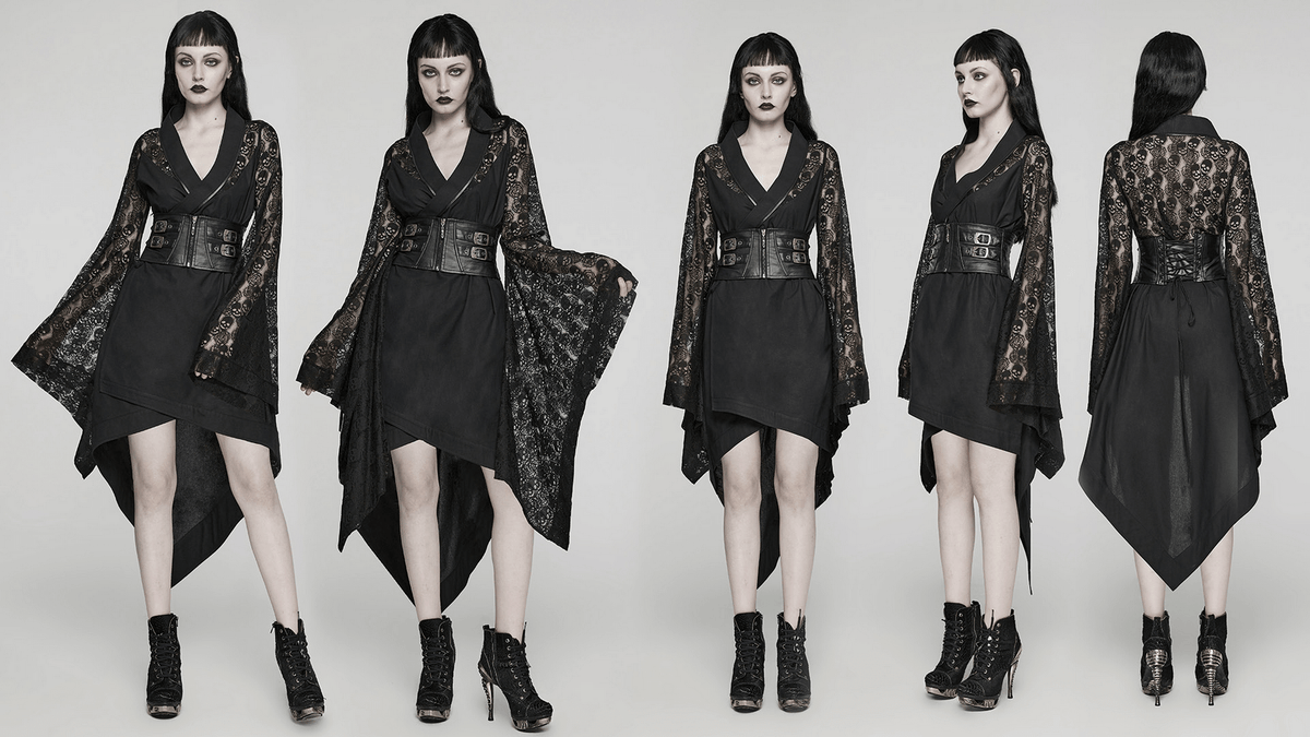 US SALE of Black Skull Lace Kimono Dress with Belt And Irregular Hem - image 13