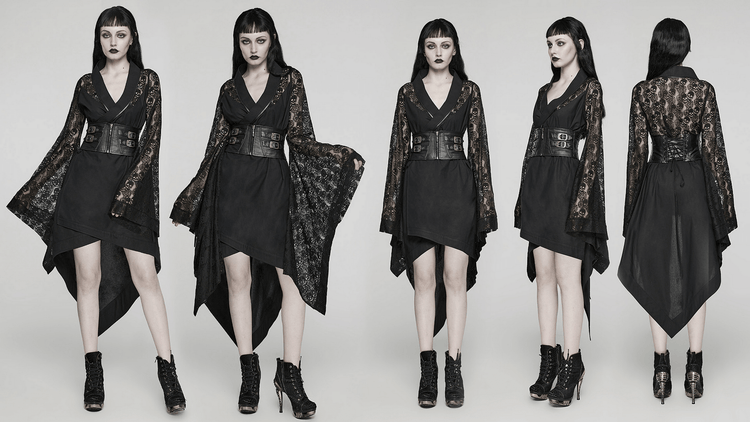 US SALE of Black Skull Lace Kimono Dress with Belt And Irregular Hem - image 13