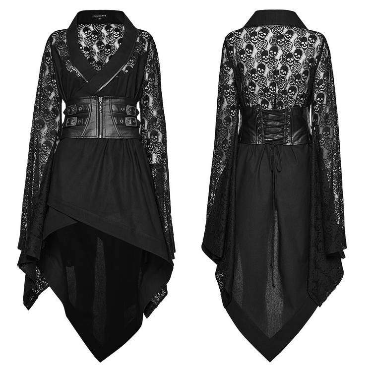 US SALE of Black Skull Lace Kimono Dress with Belt And Irregular Hem - image 3