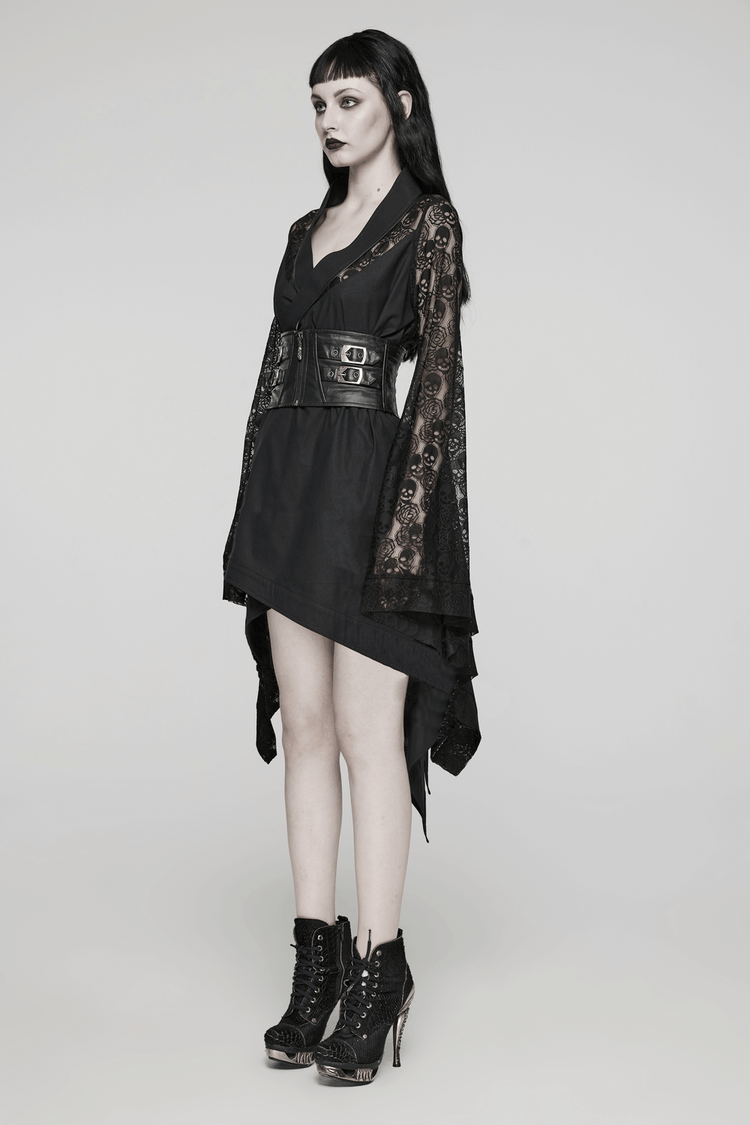 US SALE of Black Skull Lace Kimono Dress with Belt And Irregular Hem - image 12
