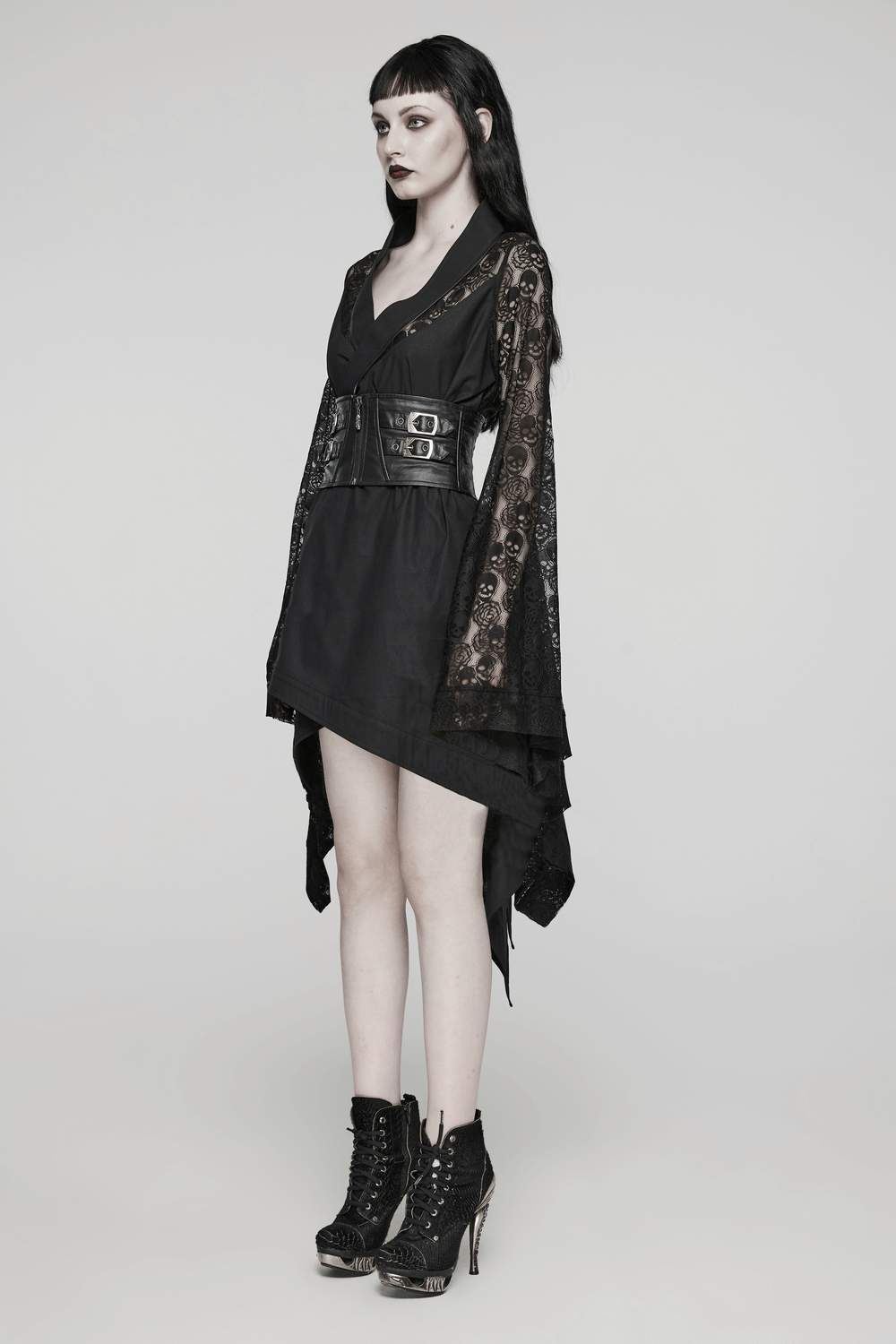 Black Skull Lace Kimono Dress with Belt And Irregular Hem - image 11