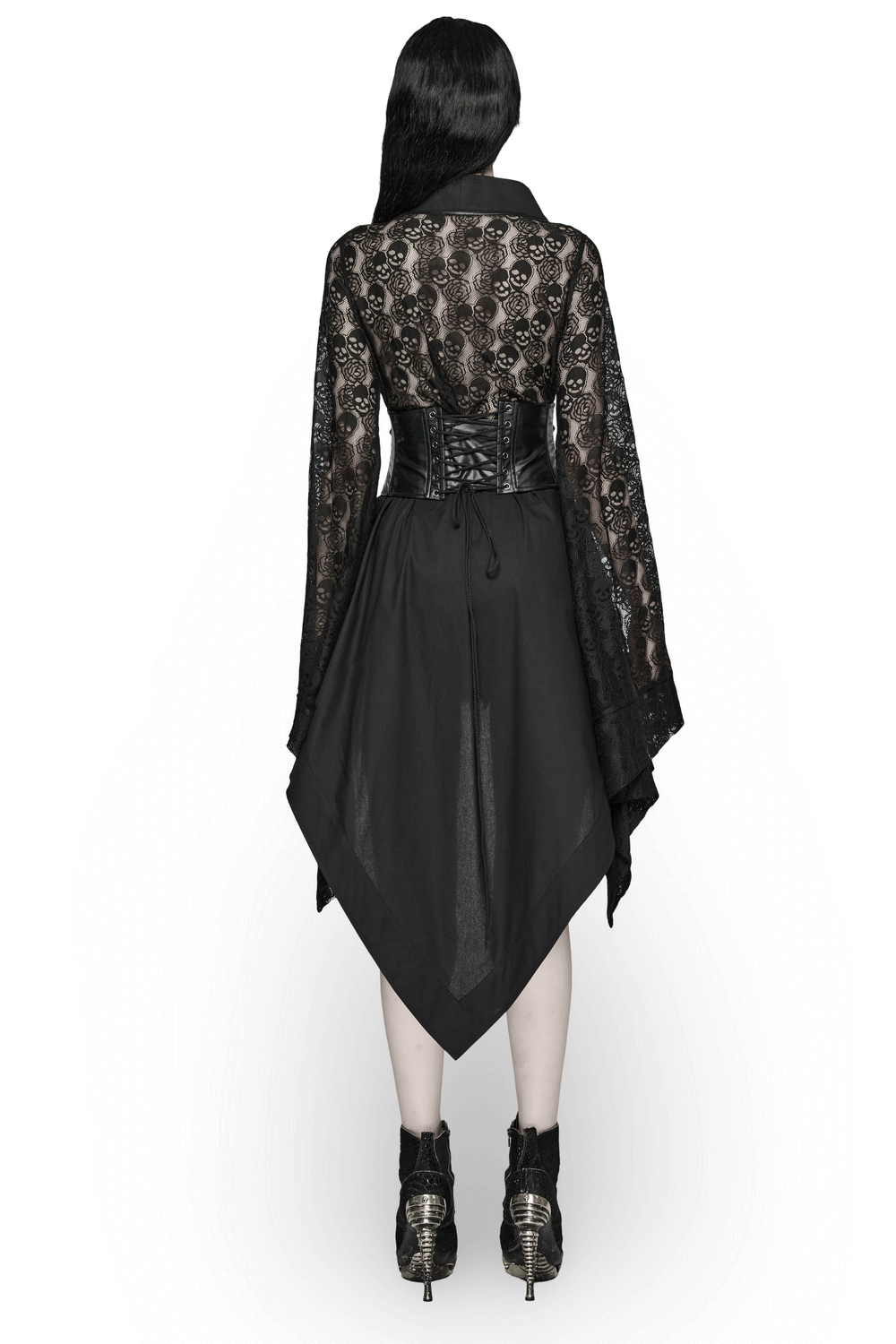 US SALE of Black Skull Lace Kimono Dress with Belt And Irregular Hem - image 2