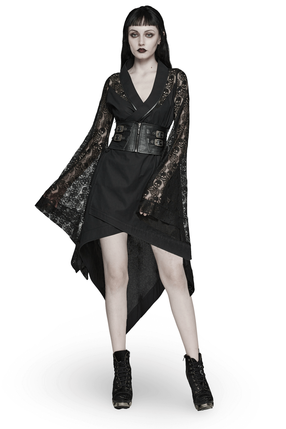 US SALE of Black Skull Lace Kimono Dress with Belt And Irregular Hem - image 1