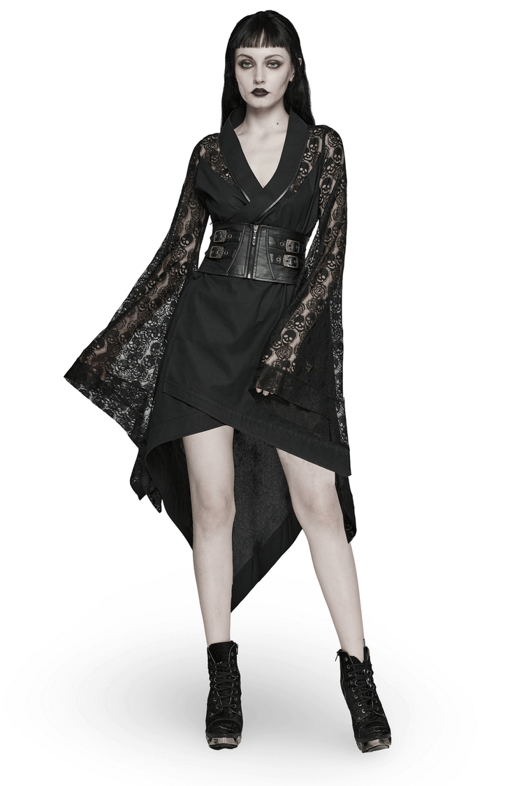 US SALE of Black Skull Lace Kimono Dress with Belt And Irregular Hem - image 1