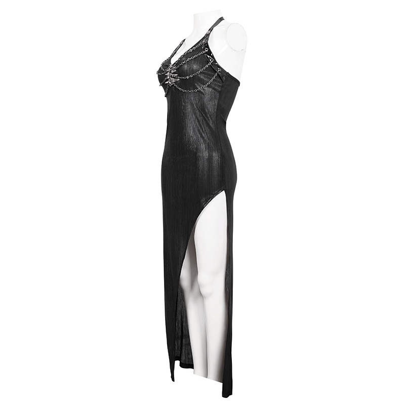 Black Sleevless High Slit On Side Long Dress / Gothic Women's Clothing with Chain - image 4