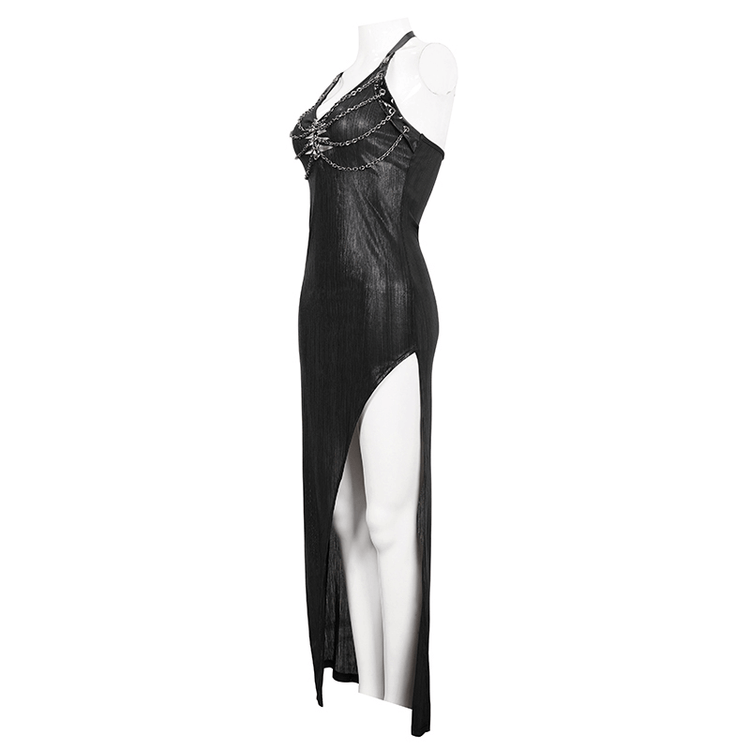 Black Sleevless High Slit On Side Long Dress / Gothic Women's Clothing with Chain - image 4