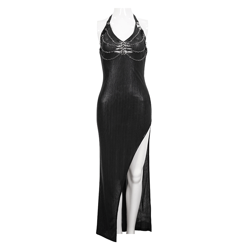 Black Sleevless High Slit On Side Long Dress / Gothic Women's Clothing with Chain - image 3