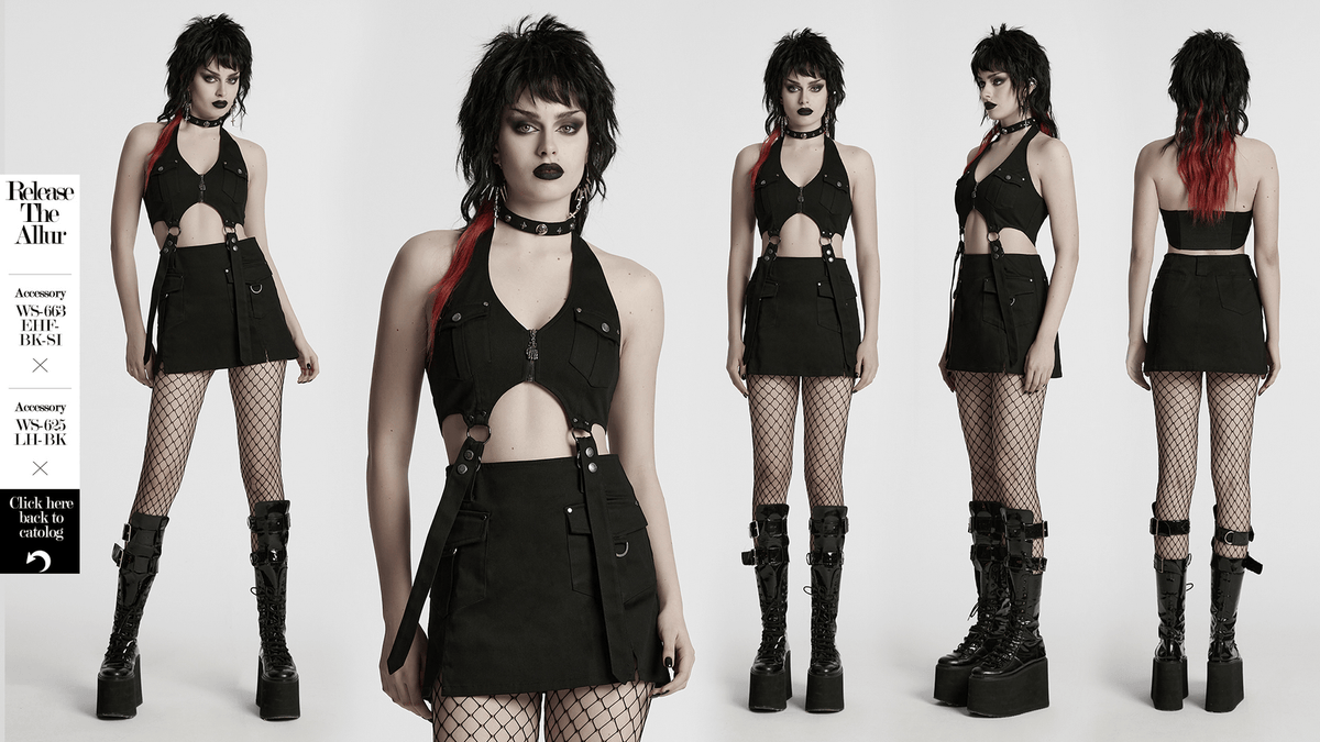 Black Twill Punk Harness Dress with Zipper and Straps - image 17