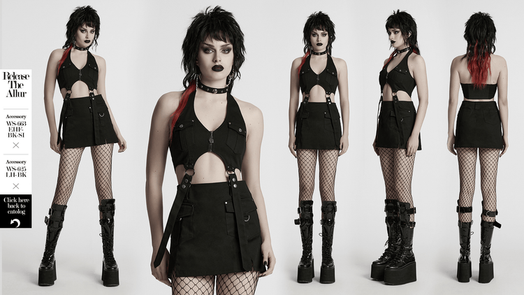 Black Twill Punk Harness Dress with Zipper and Straps - image 17