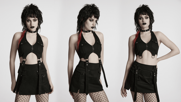 Black Twill Punk Harness Dress with Zipper and Straps - image 16