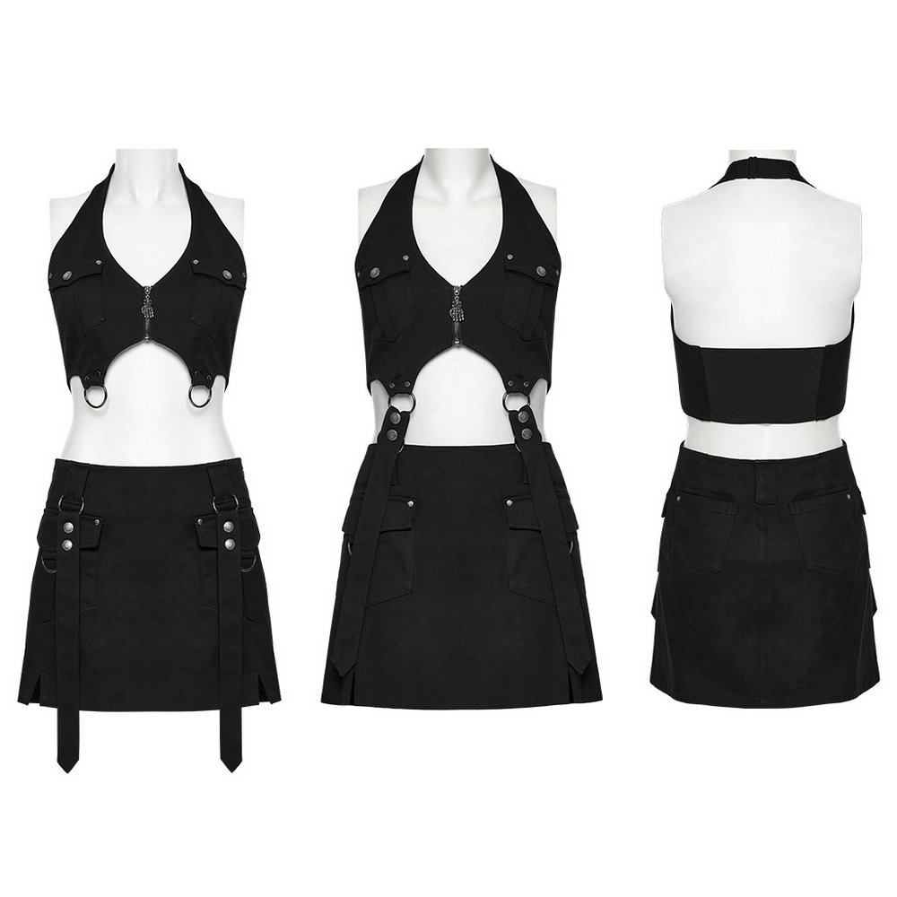 Black Twill Punk Harness Dress with Zipper and Straps - image 3