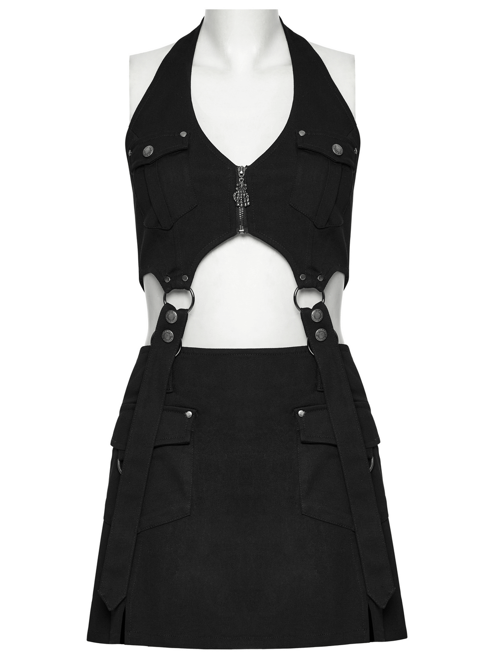 Black Twill Punk Harness Dress with Zipper and Straps - image 4