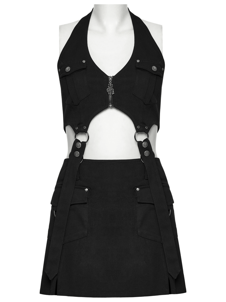 Black Twill Punk Harness Dress with Zipper and Straps - image 4